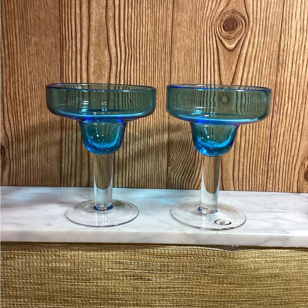 New Vintage 2003 The Cellar for Macy’s Set of Blue Blown Glass Margarita Glasses